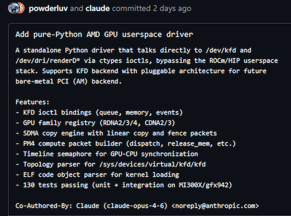 A screenshot of the GitHub commit that adds the GPU userspace driver to AMD's ROCm project.
