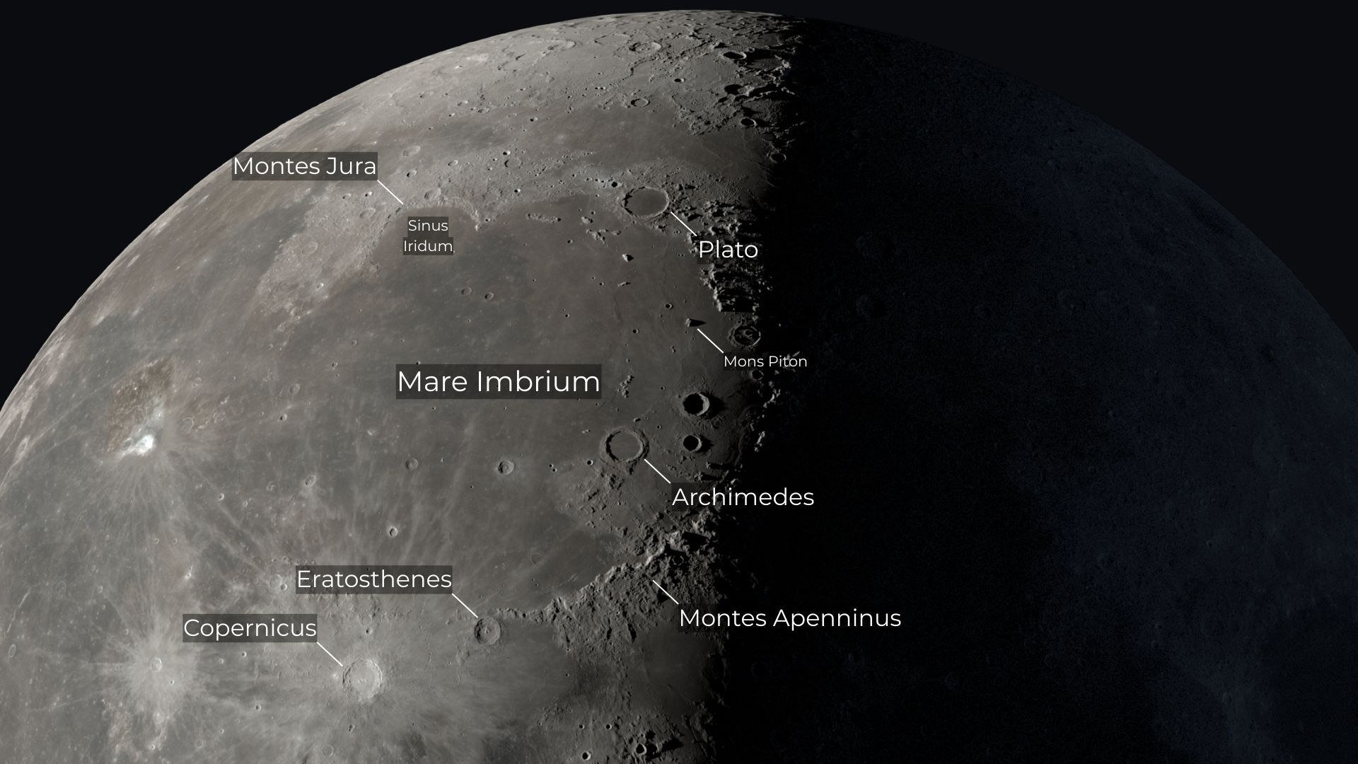 The upper section of the lunar disk is pictured during its third quarter phase with its left half lit and its right in shadow.
