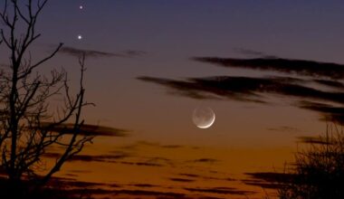 Venus and Mars in conjunction with Moon below Feb 20 2015 - Martin Campbell, Looking at the western evening sky on February 20th 2015, the photographer was aware that dazzling Venus and the red planet Mars had been locked in a celestial embrace over the previous few nights. When a young crescent Moon muscled in on the planetary dance it provided him with a compelling photographic opportunity.
