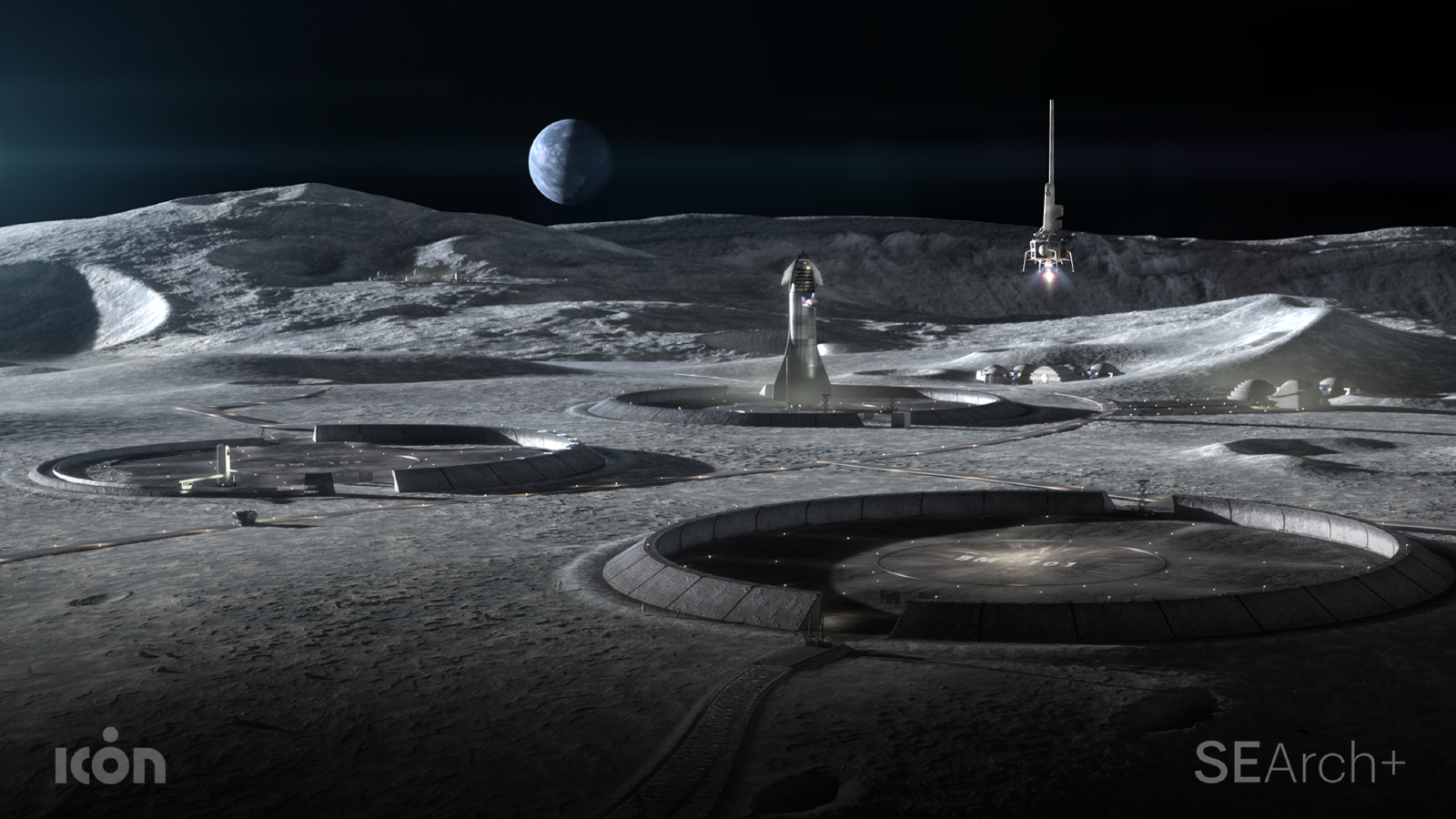 An illustration showing various circular moon bases on the gray lunar surface.