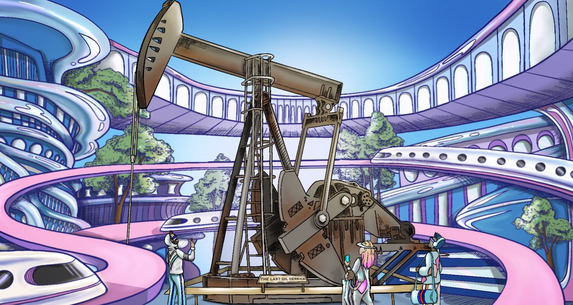 An illustration of "The Last Oil Rig" on display in a futuristic setting