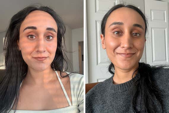 Two side-by-side portraits of an individual with long dark hair wearing Haus Labs Color Fuse Glassy Blush Balm Stick, looking at the camera with a slight smile.