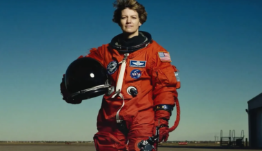 a NASa astronaut in an orange spacesuit