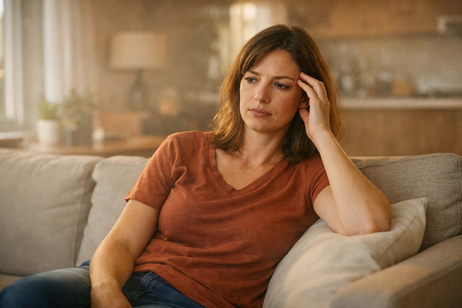 A woman sitting on a couch at home looking uneasy with her hand against her temple, warm indoor lighting