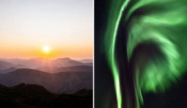 two panel image on the left is a rising sun over mountains and on the right is a corona aurora overhead with long curtains of vivid green light.