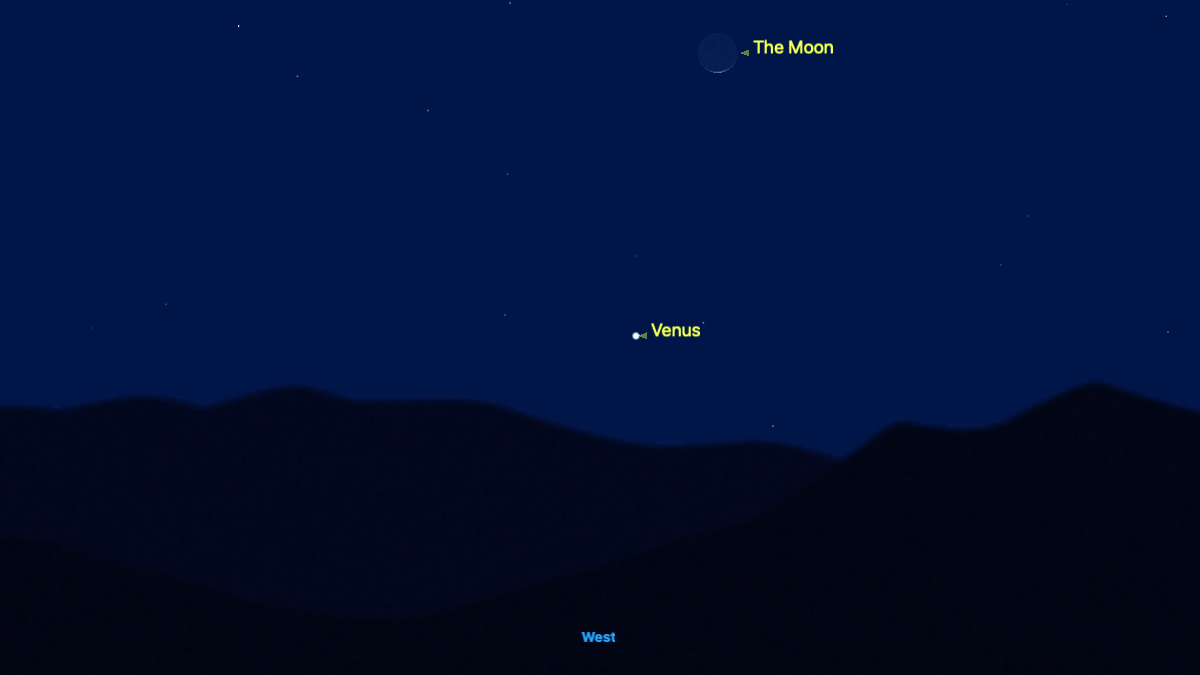 night sky map show a very thin crescent moon shining above Venus