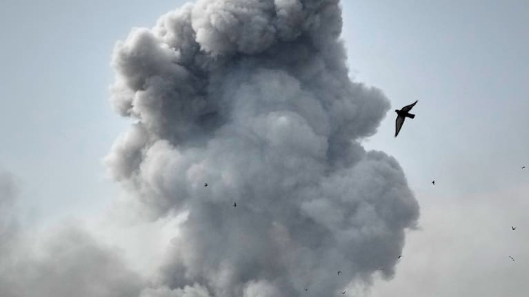 A bird flies by a plume of smoke rising after a strike in Tehran, Iran, Monday, March 2, 2026.