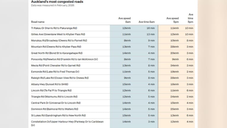 A chart showing Auckland's most congested roads. (Source: AT via RNZ)