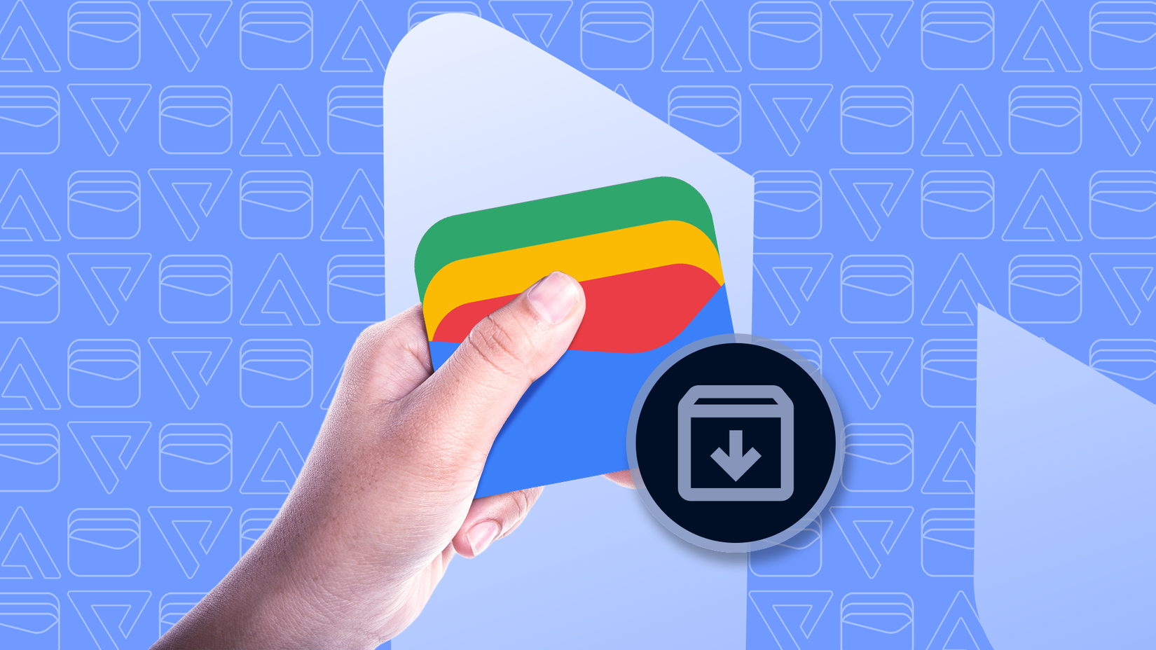 A hand holding the Google Wallet logo, with an archive icon beside it.