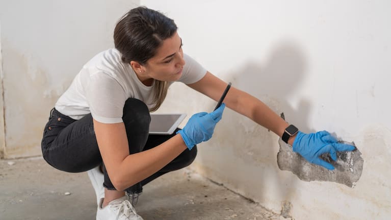 A person inspecting a damaged wall in a rental property (file photo).
