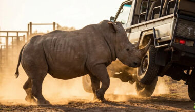 Watch an Enraged White Rhino Flip a Truck Like It Weighs Nothing