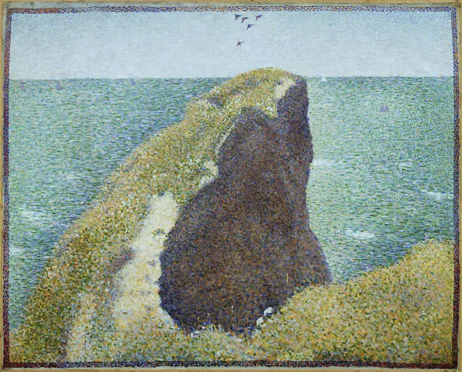 Illustration of a rocky cliff overlooking the sea, created in a pointillist style.