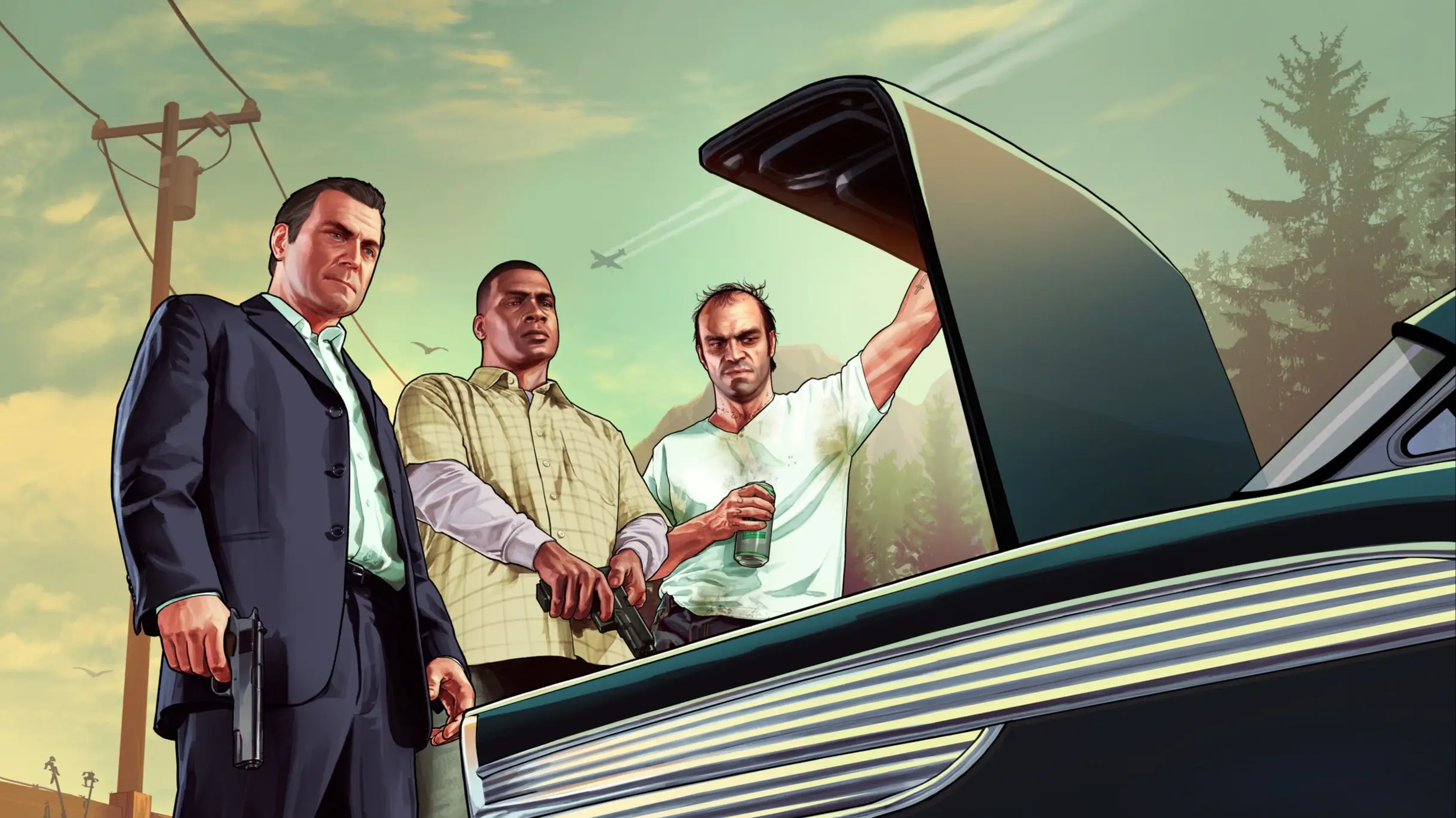 GTA 5 official artwork featuring Michael, Trevor and Franklin, Rockstar Games