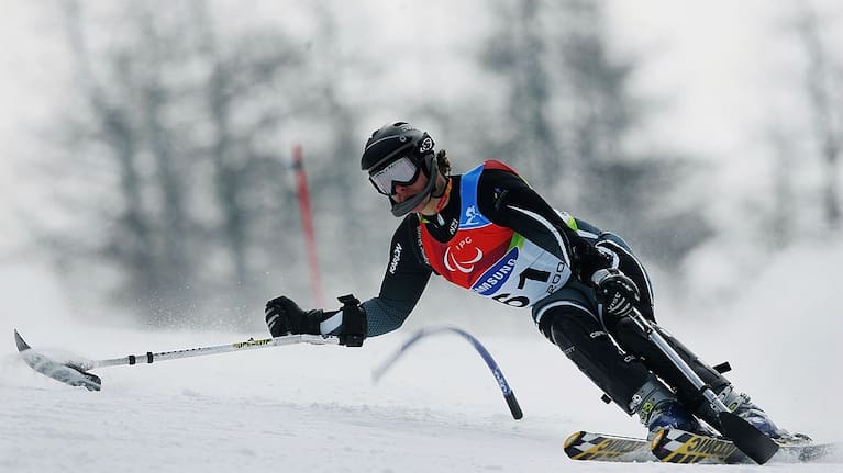 Adam Hall in action in the Men's Standing Slalom during day eight of the 2006 Paralympic Winter Games on March 18, 2006 in Borgata, Italy.