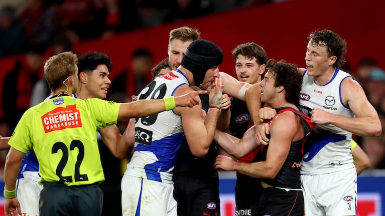 Tristan Xerri of the Kangaroos wipes his nose after kicking a goal during the round three AFL match between Essendon Bombers and North Melbourne Kangaroos at Marvel Stadium, on March 28, 2026, in Melbourne, Australia.