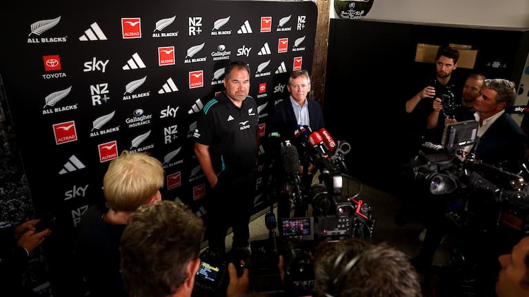 All Blacks head coach Dave Rennie, left, faces the media alongside NZ Rugby chairman David Kirk. 