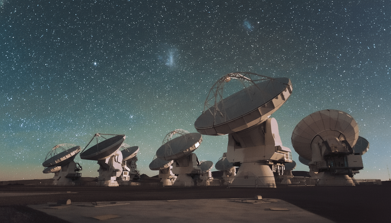 A wide-angle, 16:9 aspect ratio image of several large radio telescopes under a star-filled night sky, with faint nebulae visible.