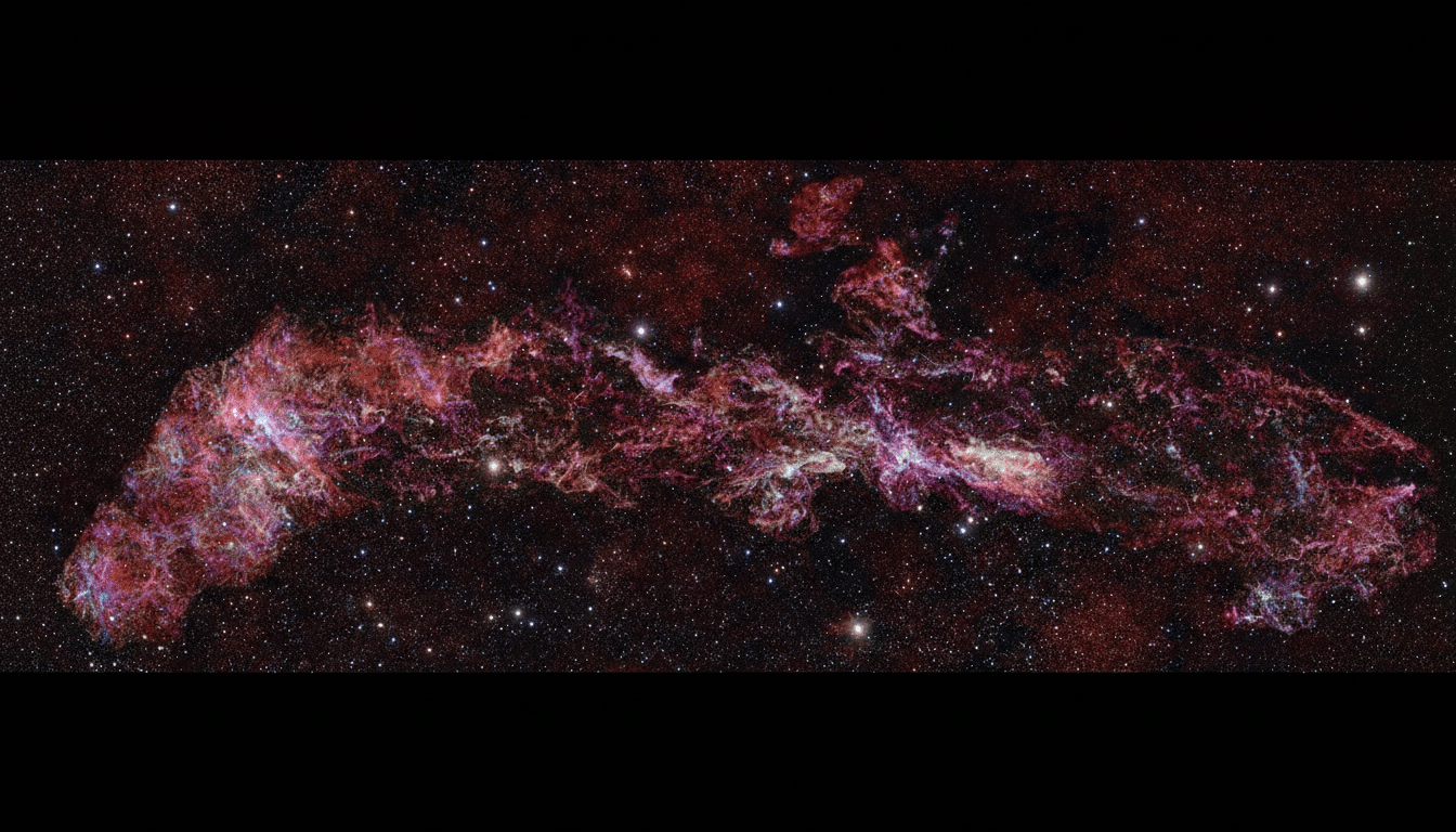 A vibrant, elongated nebula stretches across a dark, star-filled cosmic background, showcasing intricate patterns of pink, red, and purple gas and dust.