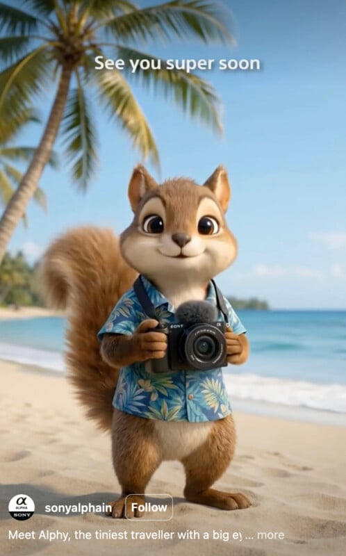 A cute cartoon chipmunk wearing a blue Hawaiian shirt holds a camera and stands on a tropical beach with palm trees and blue sky. Text at the top says, "See you super soon.