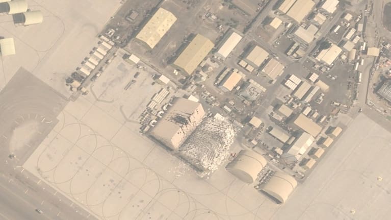 An image from an Airbus Defence and Space's Pléiades Neo satellite of damage after Iranian attacks targeting Al Dhafra Air Base in Abu Dhabi.