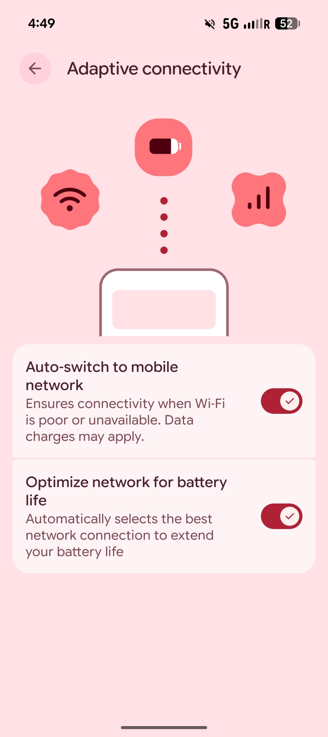 Screenshot of Adaptive Connectivity options in Android 16 QPR3.