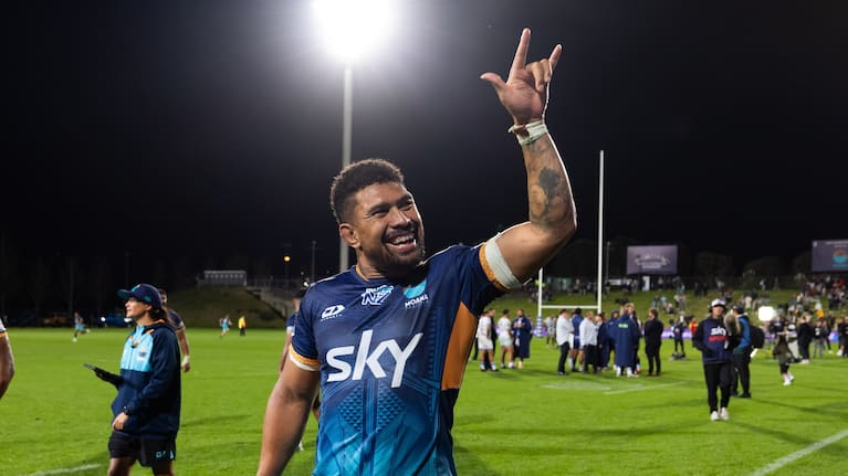 Ardie Savea celebrates Moana Pasifika's victory over the Blues at North Harbour Stadium last year.