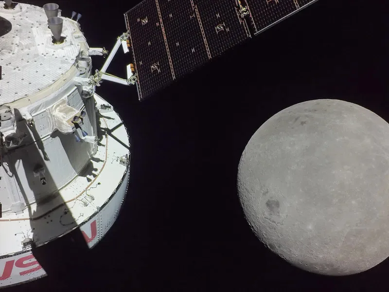 The far side of the Moon, as seen by the unscrewed Artemis I spacecraft, November 2022.  The darkest spot on the left of the Moon's surface is Mare Orientale. Credit: NASA