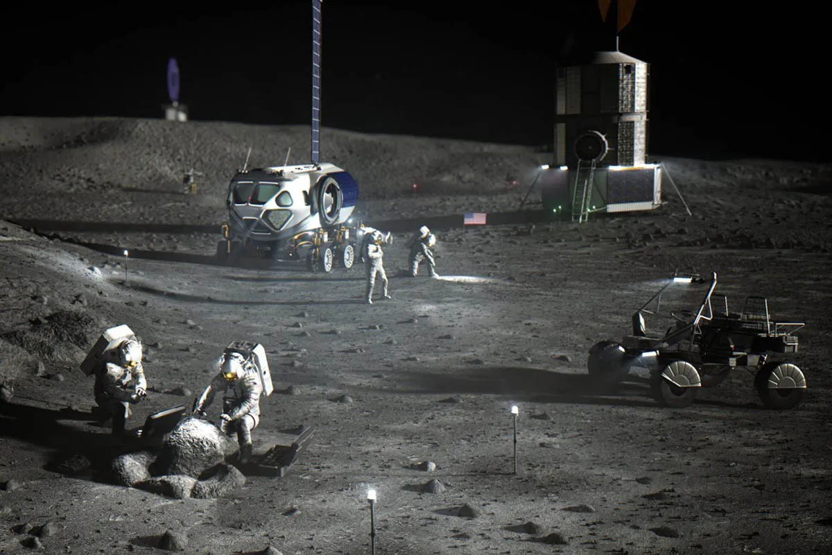 Illustration of NASA Artemis astronauts on the lunar South Pole. Credit: NASA