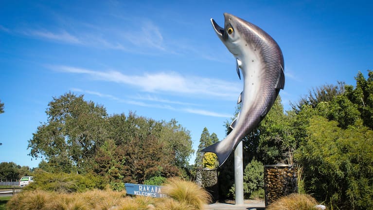 The Rakaia salmon statue.