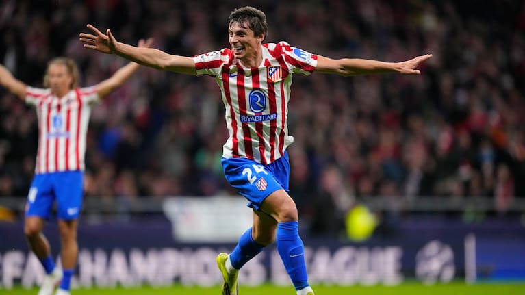 Atletico Madrid's Robin Le Normand celebrates after scoring his side's fourth goal against Tottenham at the Metropolitano Stadium.