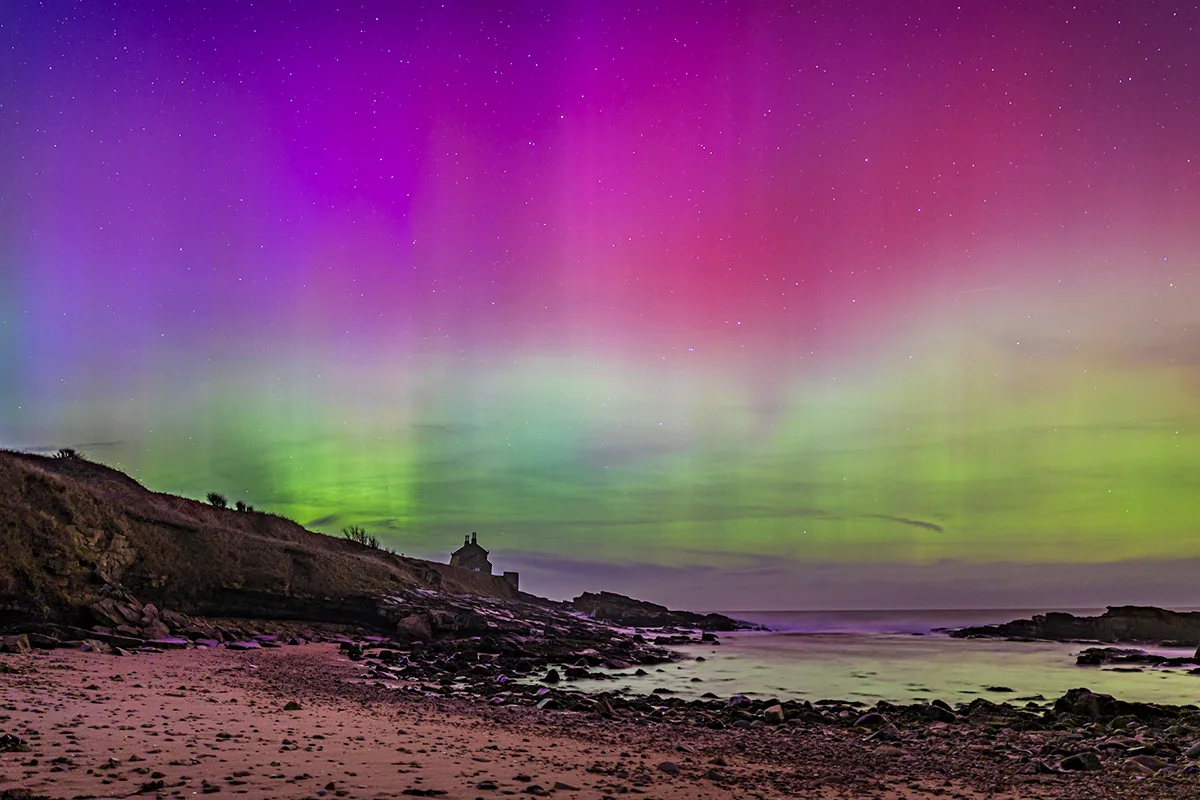 Aurora over Howick Sands beach, Northumberland, 20 January 2026, captured by Tom Wright