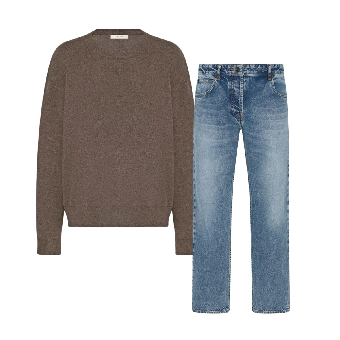Collage of a brown sweater and a pair of blue jeans.
