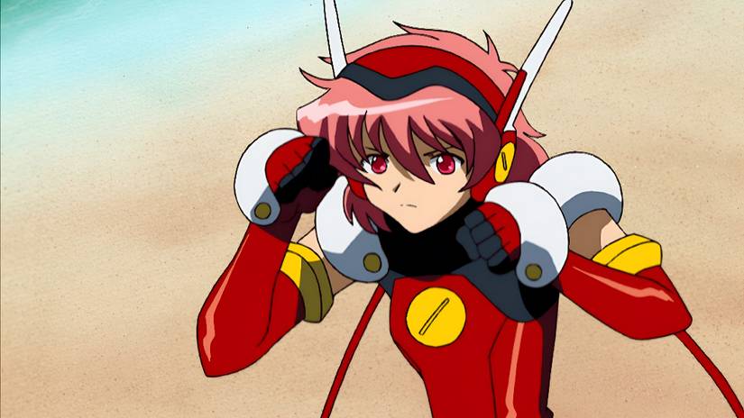 A young girl with pink hair dons battle armor and takes a defensive stance in Battle Doll: Angelic Layer