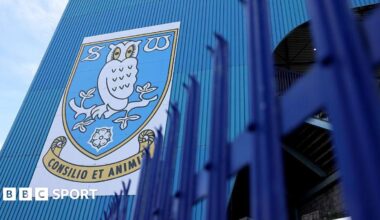 General view outside the stadium showing Sheffield Wednesday club badge