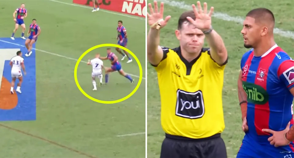 Trey Mooney, pictured here being sin-binned for dangerous contact on Tanah Boyd.