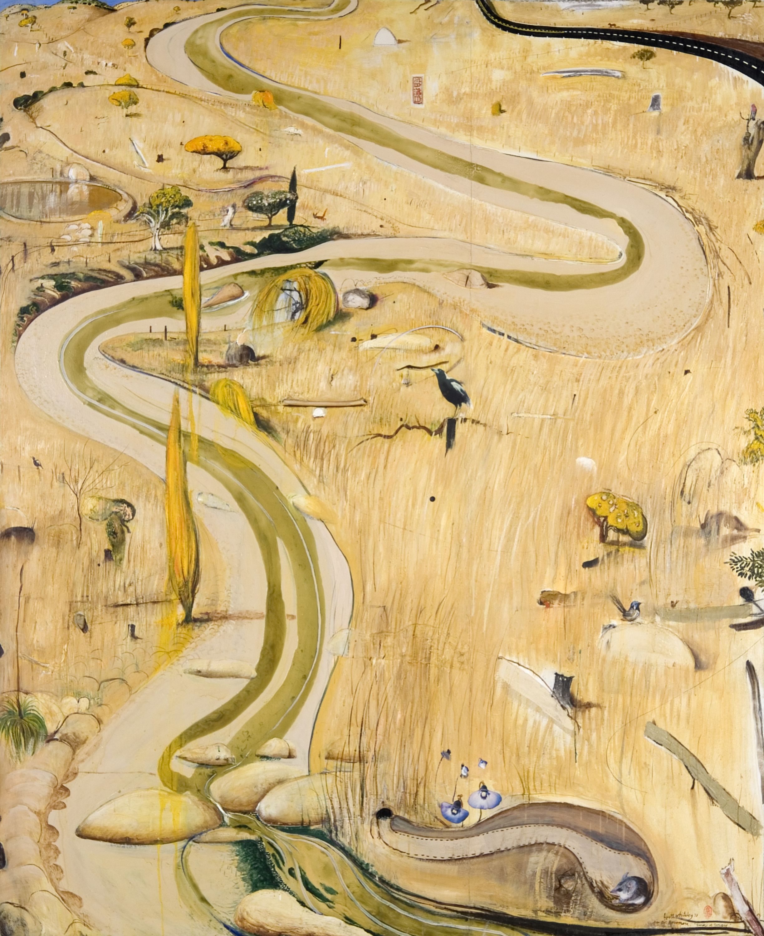 Summer at Carcoar by Brett Whiteley. A painting of a landscape with dry grass and a road winding through it.