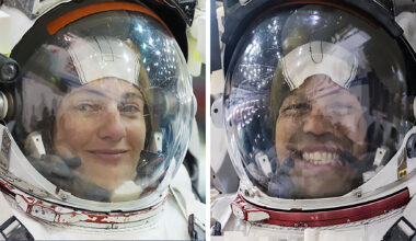 From left, NASA astronauts Jessica Meir and Chris Williams are conducting a spacewalk to install a modification kit and route cables on the port side of the orbital lab where a new roll-out solar array will be attached on a future spacewalk.