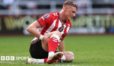 Dan Ballard holds his hamstring during a Premier League game