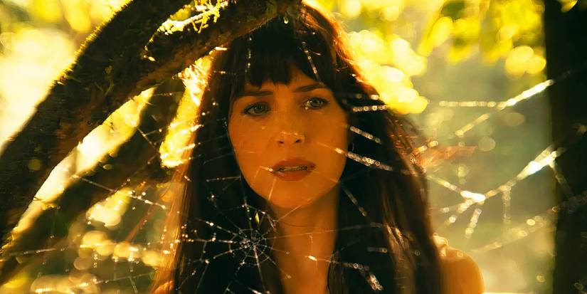 Cassandra Webb with a spider web in Madame Web