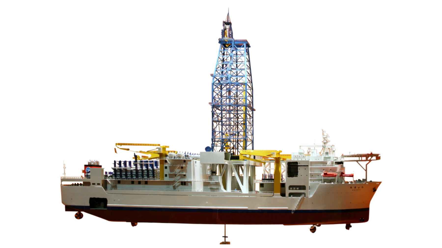 Scale model of Japan’s Chikyu deep sea drilling ship used for rare earth exploration in the Pacific