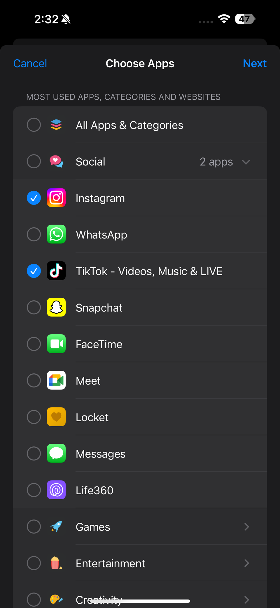 Choose Apps screen on an iPhone with Instagram and TikTok highlighted