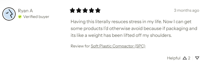 An image of a user review from Clear Drop’s website, which reads “Now I can get some products I’d otherwise avoid because if packaging and its like a weight has been lifted off my shoulders.”