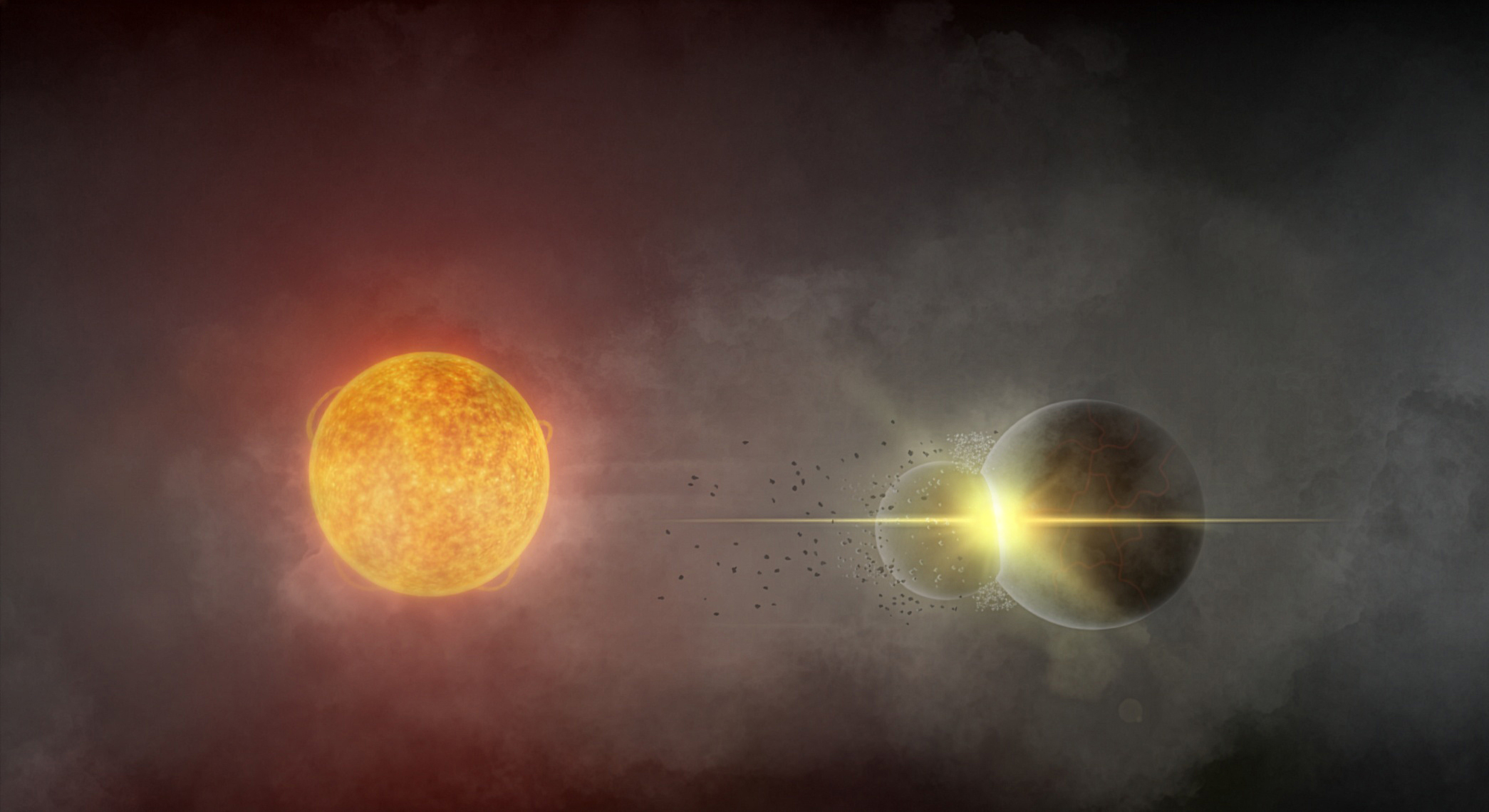 Two planets collide, creating a cloud of dust that partly obscures a nearby star.