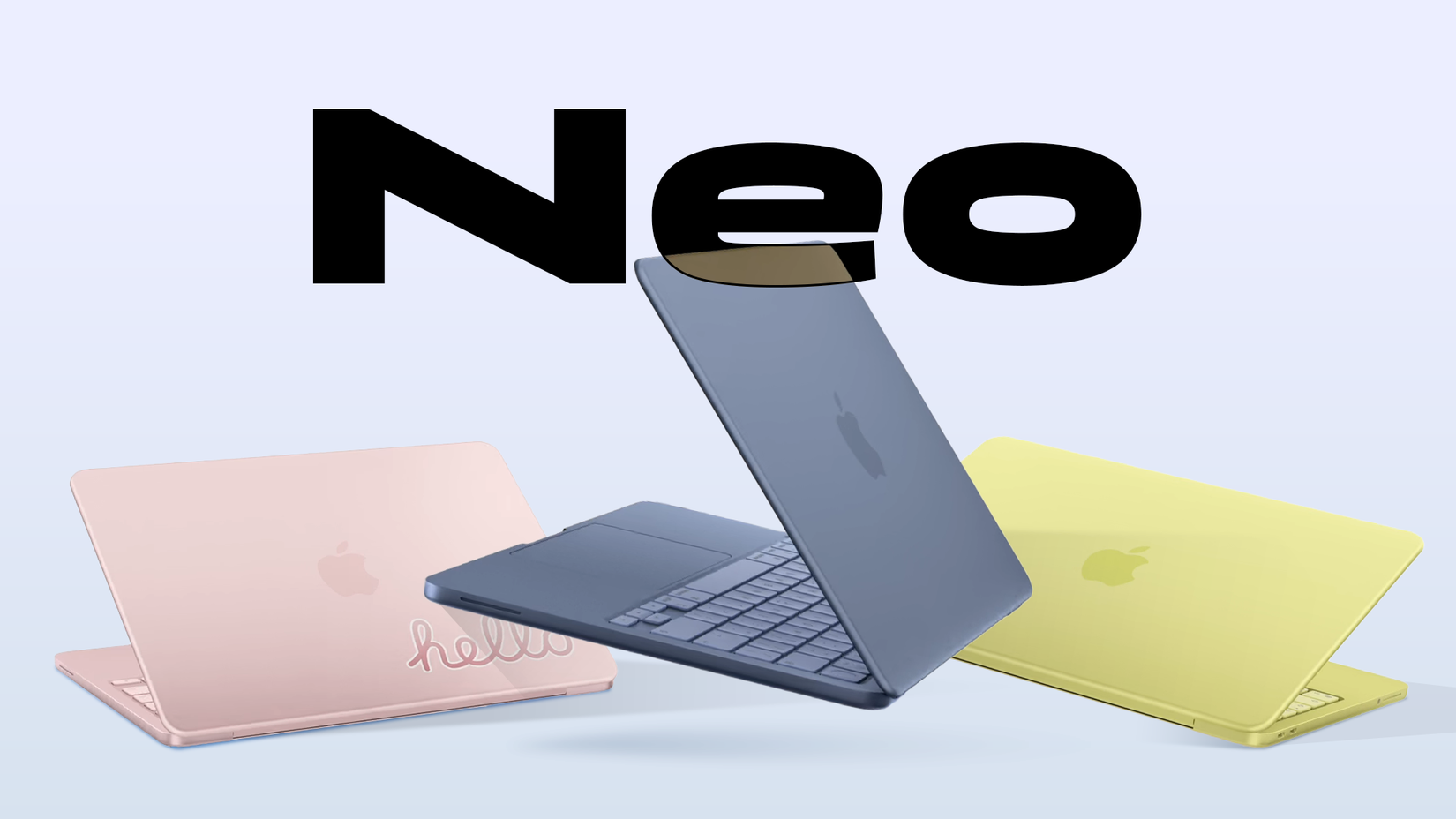 Colorful pink, blue, and yellow MacBook Neo laptops displayed under large bold text that reads 'Neo'.