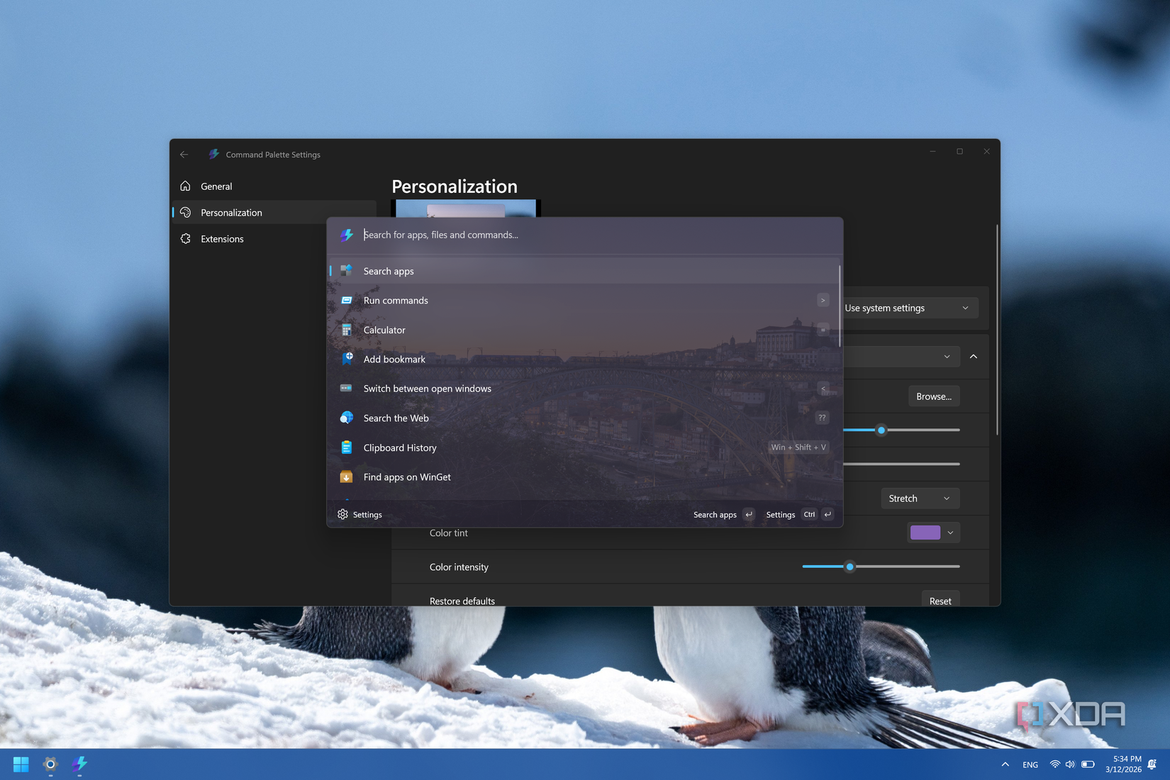 Screenshot of Command Palette on Windows 11 using a custom image background with a slight purple tint