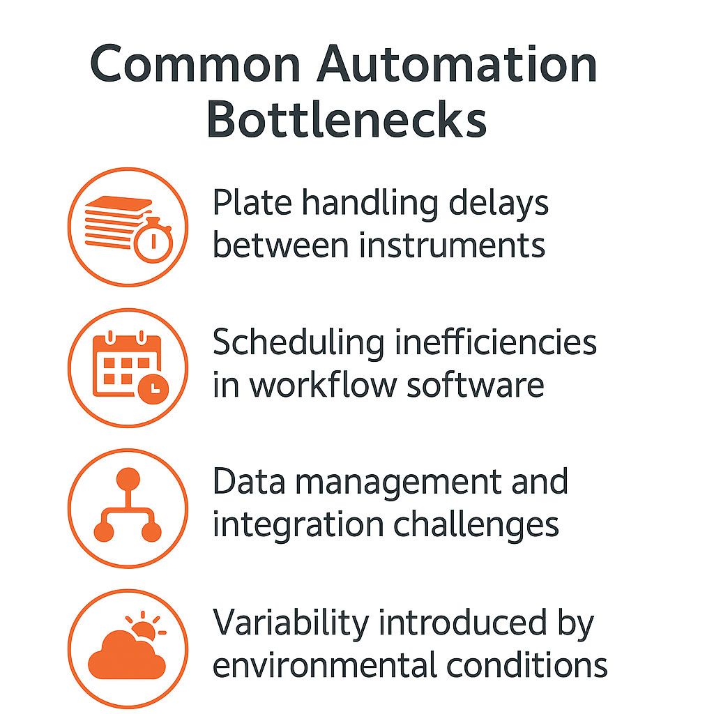 Infographic showing common bottlenecks in laboratory automation workflows, including scheduling and data integration issues.