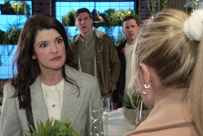 corrie-danielle-sarah-todd-theo Danielle with Sarah as Theo and Todd look on in Coronation Street