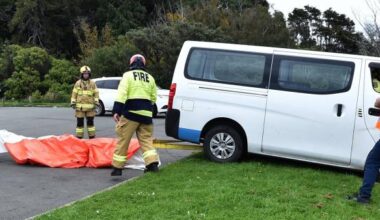 Van, driver winched to safety after 'teetering' over 15m bank