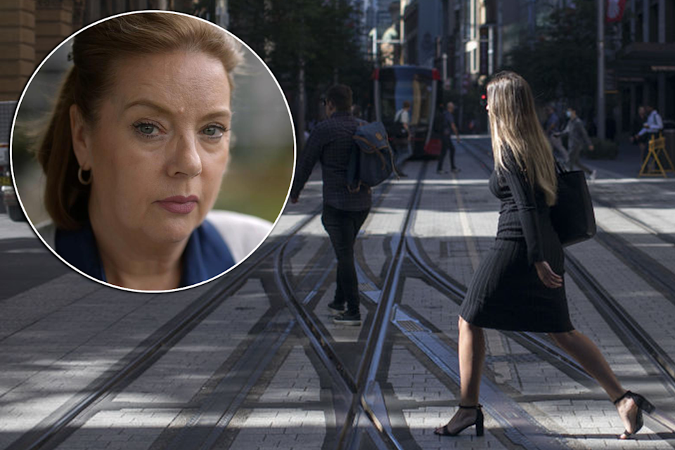 Melinda Kee pictured and an Australian worker in Sydney streets.