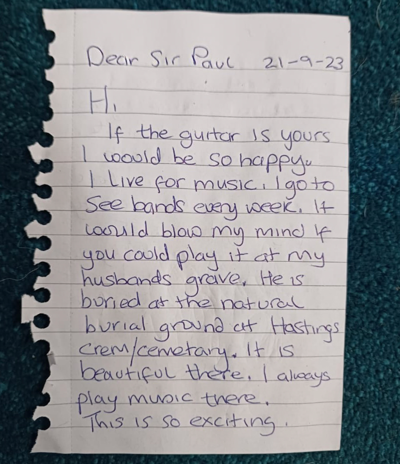A handwritten note addressed to "Dear Sir Paul" requesting him to play a guitar at her husband's grave.